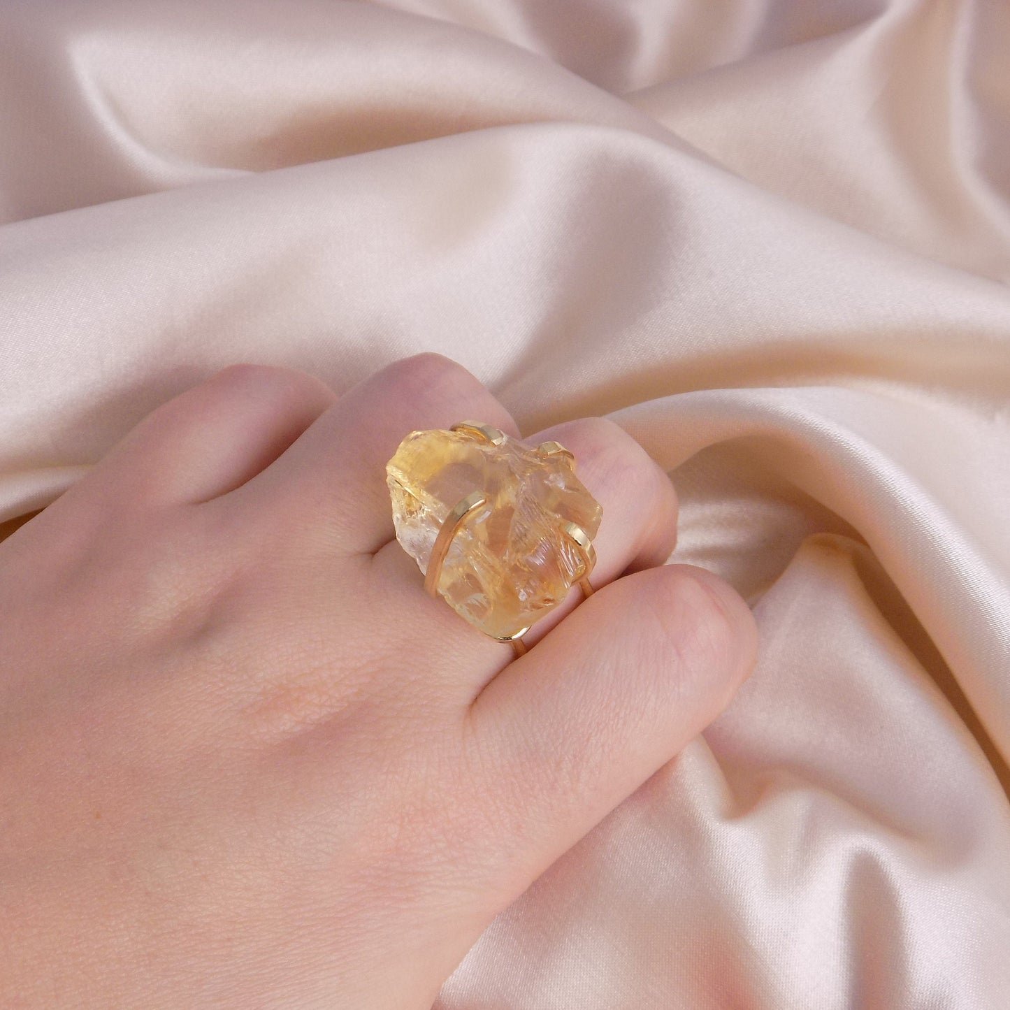 Yellow Gemstone Ring Adjustable, Raw Citrine Crystal Ring For Women, November Birthstone, G15-199