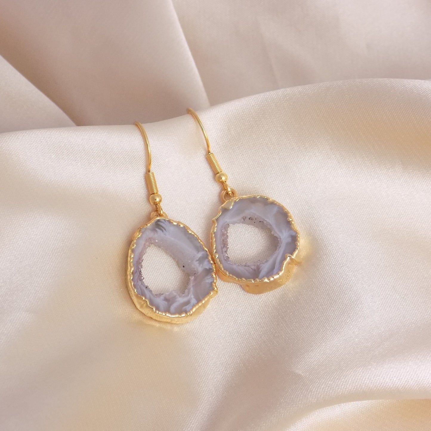 Christmas Gift For Her - Gray Geode Natural Gemstone Earrings Gold - G15-232