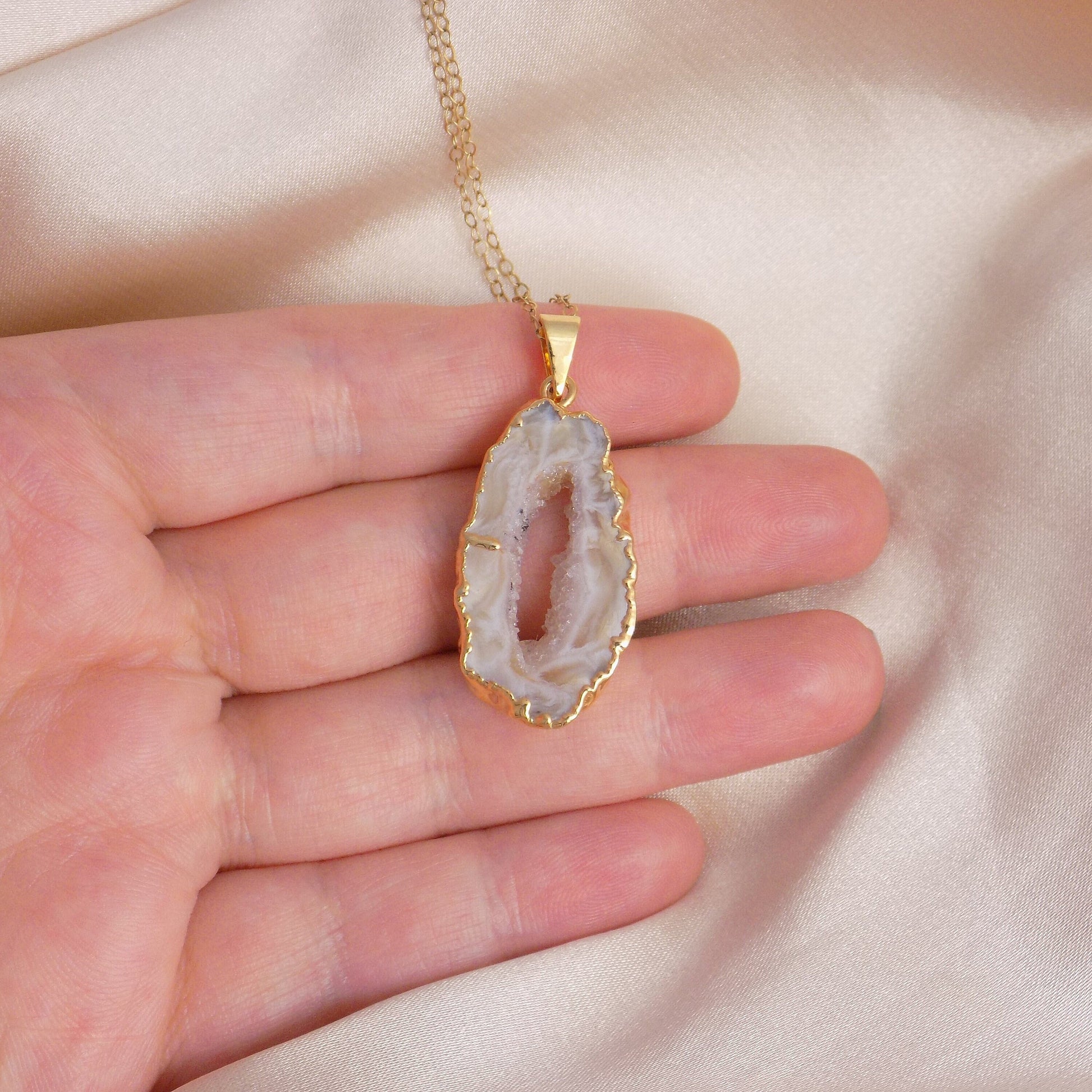 White Geode Necklace - Gold Druzy Pendant For Women - Christmas Gift For Mom - G15-233