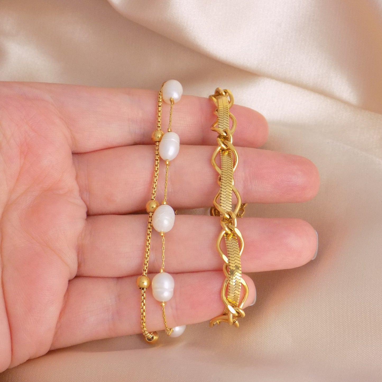 18K Gold Snake Chain Bracelet Adjustable Stainless Steel, Freshwater Pearl Bracelet, Christmas Gift For Her - M7-140