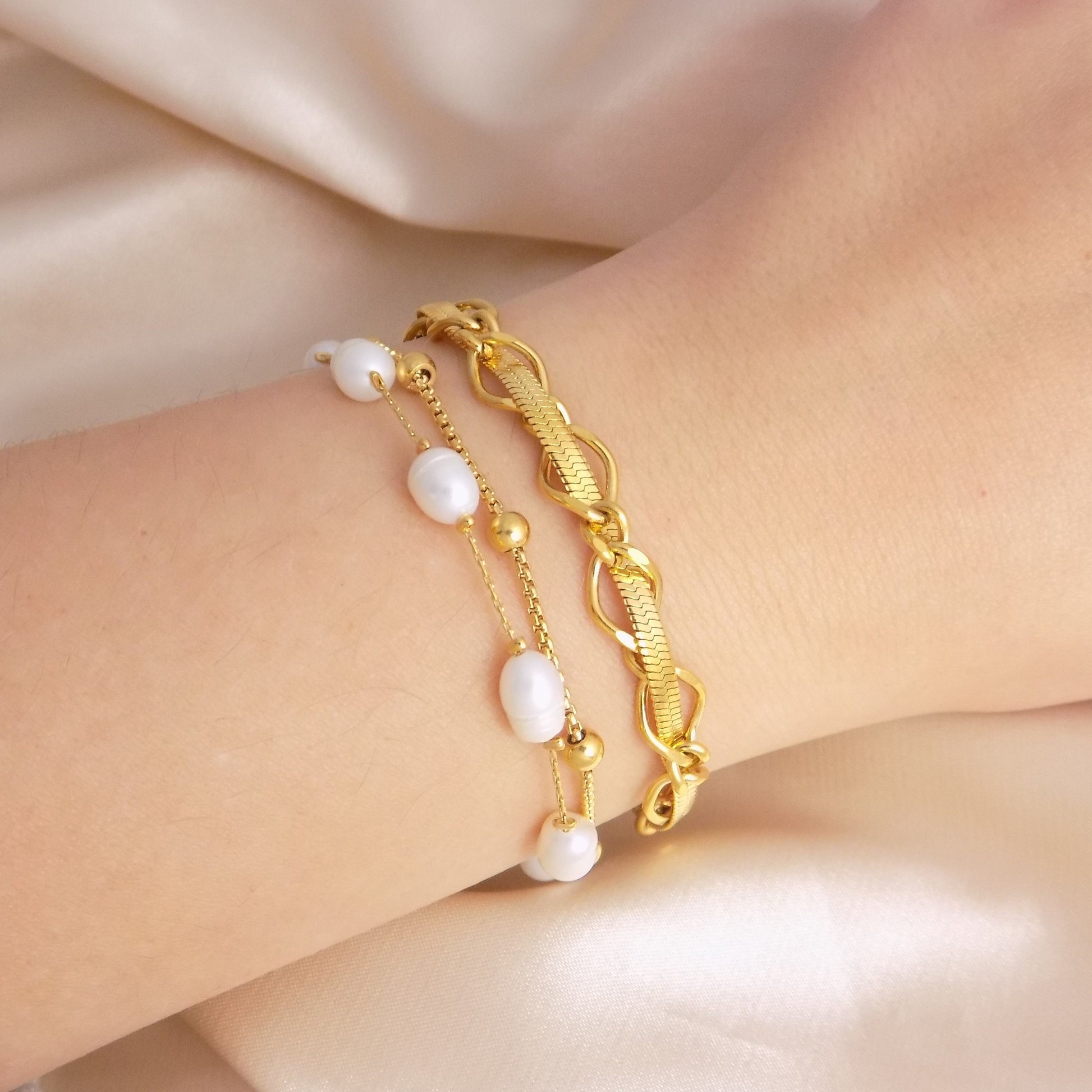 18K Gold Snake Chain Bracelet Adjustable Stainless Steel, Freshwater Pearl Bracelet, Christmas Gift For Her - M7-140