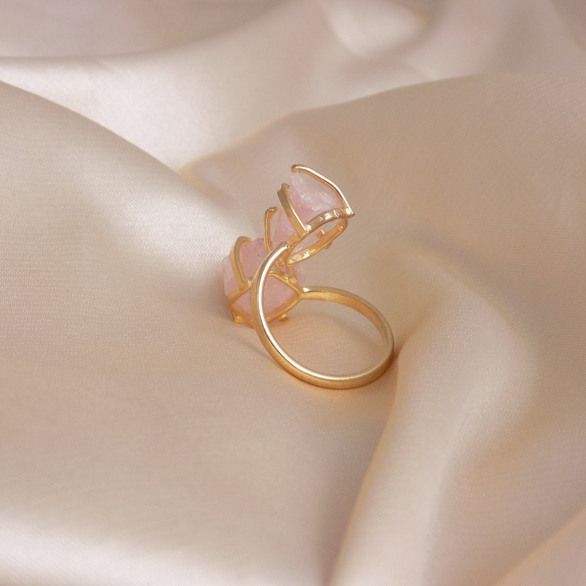 Adjustable Gold Ring with Raw Natural Rose Quartz - Elegant Dual Stone Statement Ring in Light Pink, G15