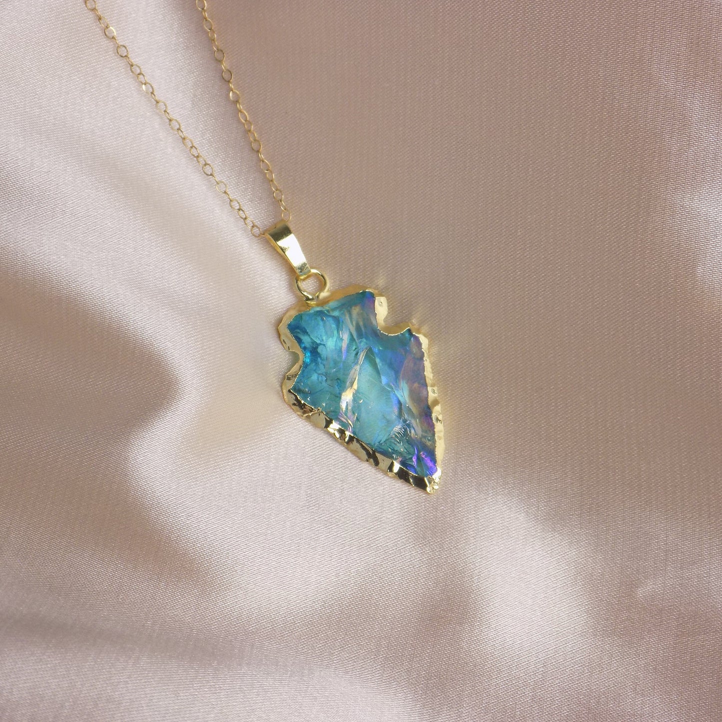 Turquoise Aura Quartz Arrowhead Necklace Gold, Unique Iridescent Crystal Jewelry Boho, Gift For Her, M7-04