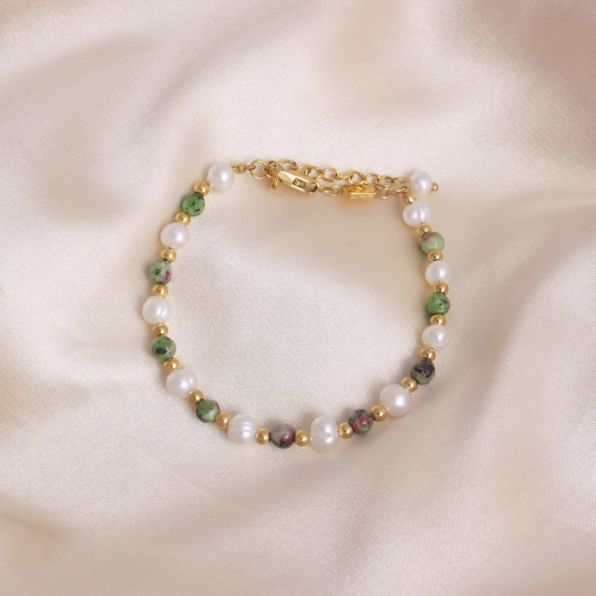 Freshwater Pearl Bracelet Gold - Ruby Zoisite Bracelet - Christmas Gift For Her - M7-143