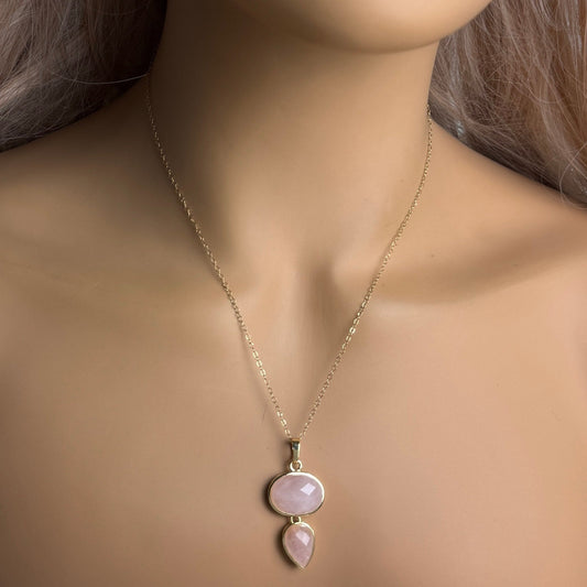 Christmas Gift - Rose Quartz Necklace Gold - Light Pink Crystal Pendant - M7-144