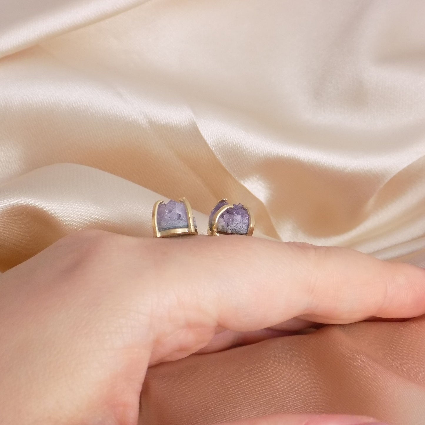 Raw Amethyst Gemstone Ring Adjustable Gold Plated, Two Purple Stones Rings, Minimalist Statement, G15-214
