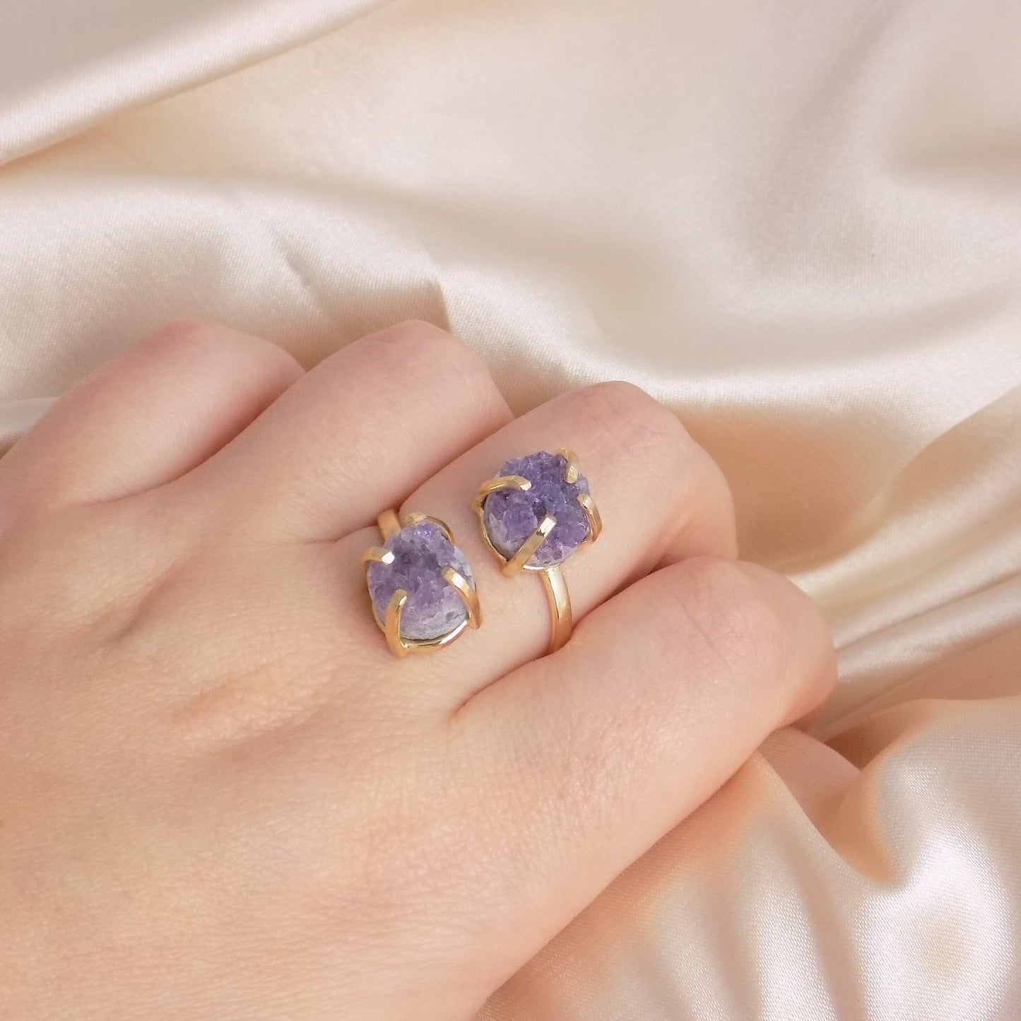 Raw Amethyst Gemstone Ring Adjustable Gold Plated, Two Purple Stones Rings, Minimalist Statement, G15-214