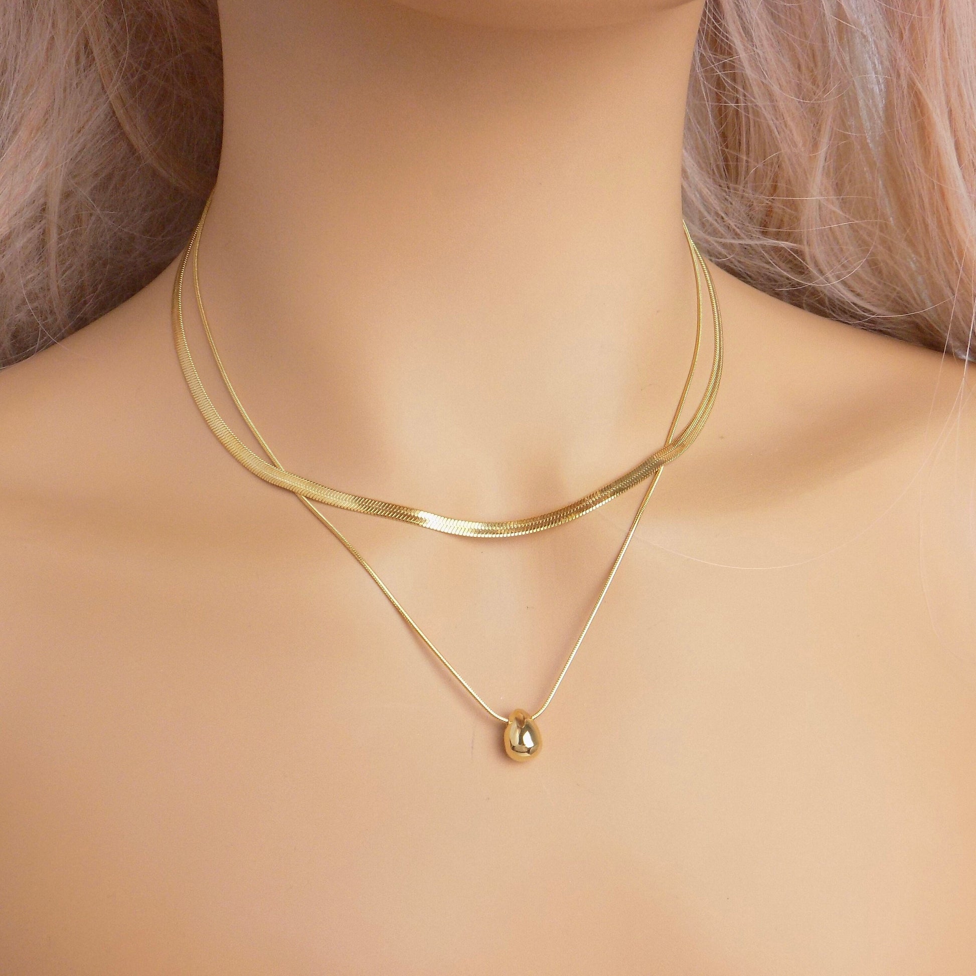 Unique Gold Layered Necklace Set For Women, Snake Chain, Teardrop Charm, 18K Gold Stainless Steel, Modern Trendy, M7-119