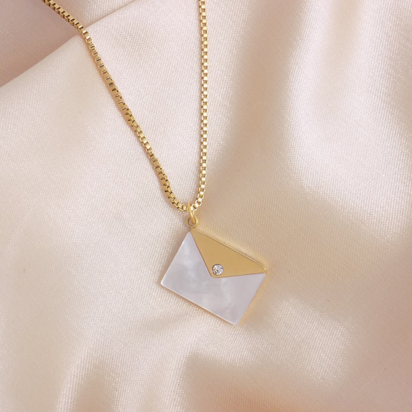 Gold Envelope Necklace with Mother of Pearl - Minimalist Layering Necklace