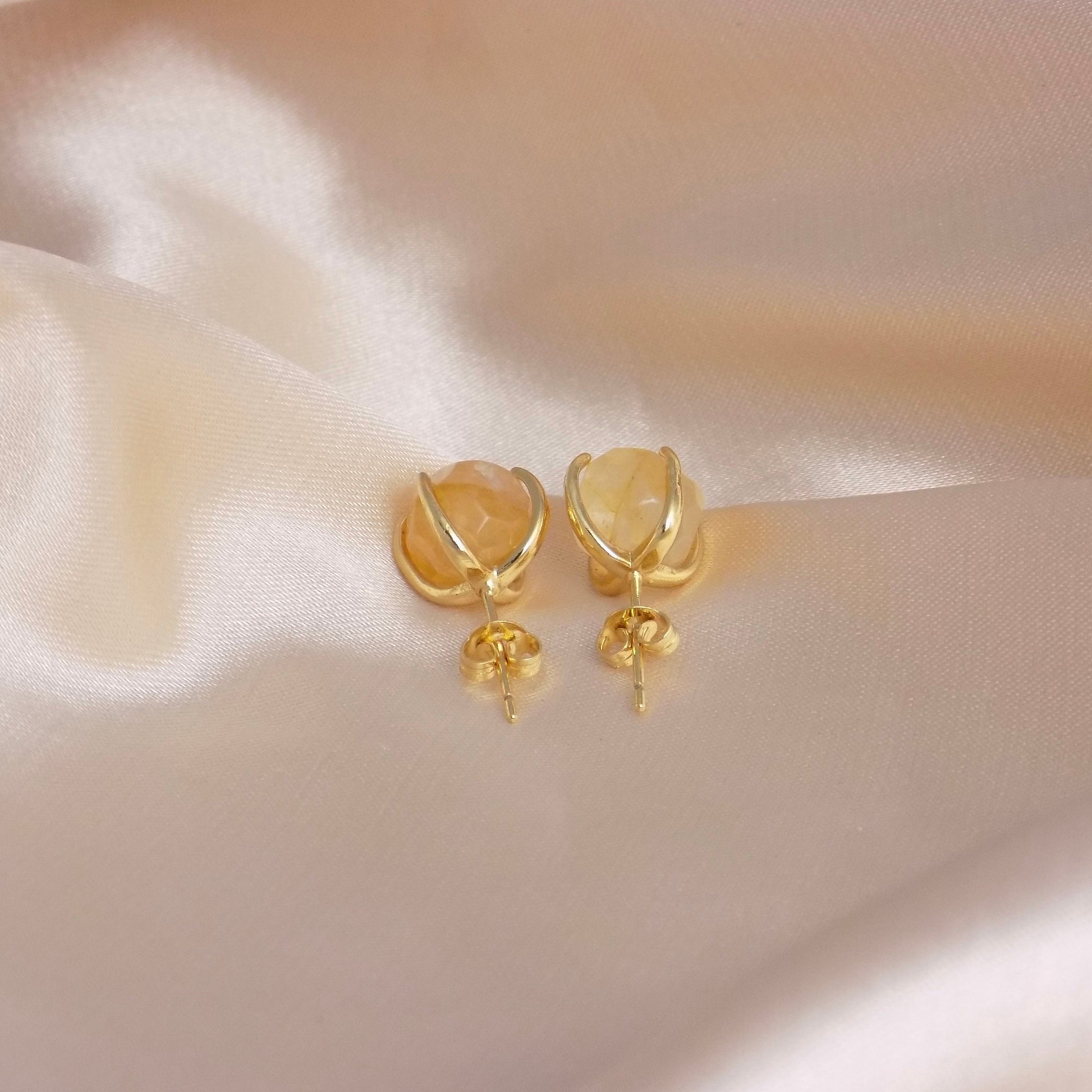 Raw Citrine Crystal Earrings Studs Gold, Yellow Brown Gemstone, Gifts for Mom, M6-768