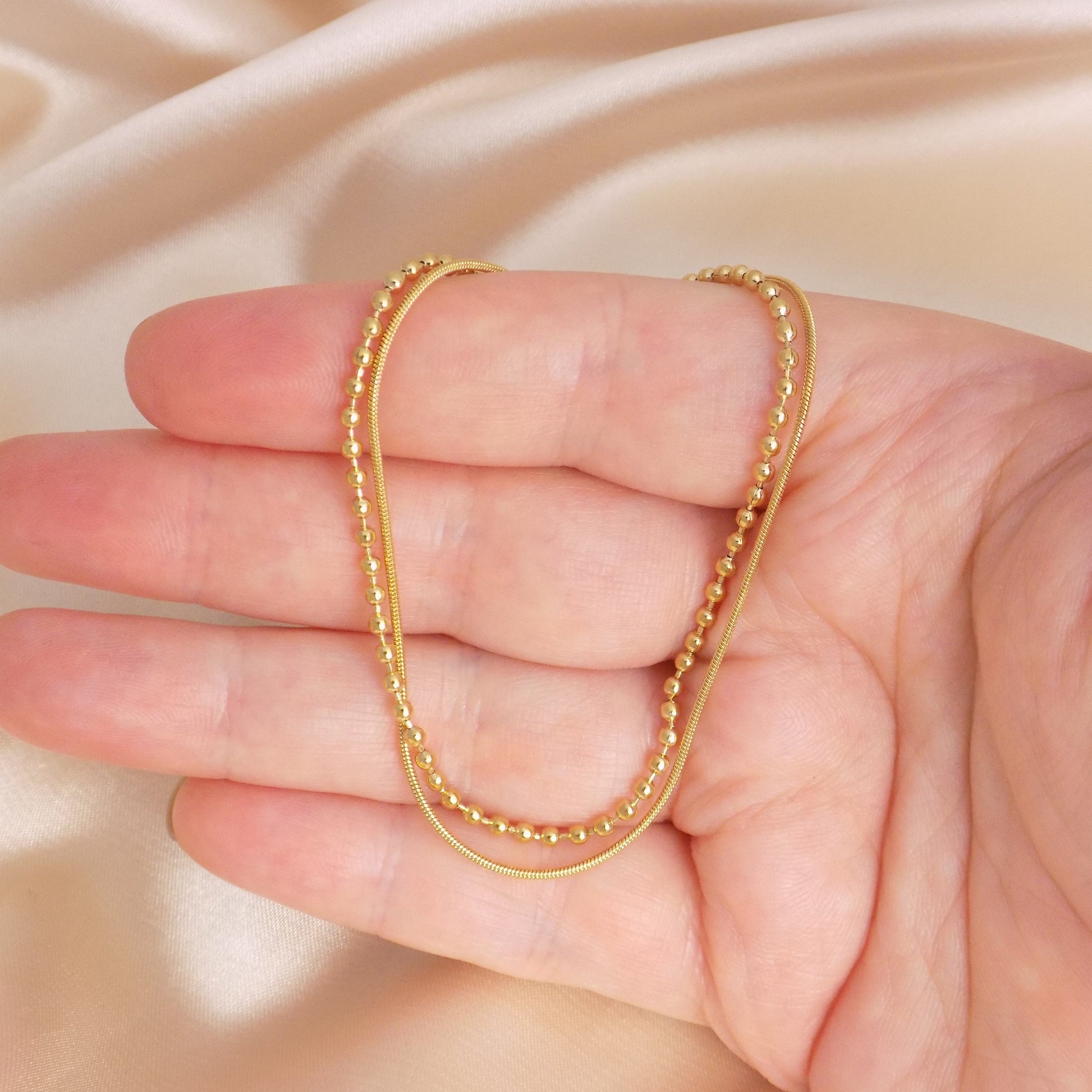 18K Gold Beaded Double Strand Bracelet Adjustable Stainless Steel, Delicate Gold Layer, Simple Everyday, M7-125