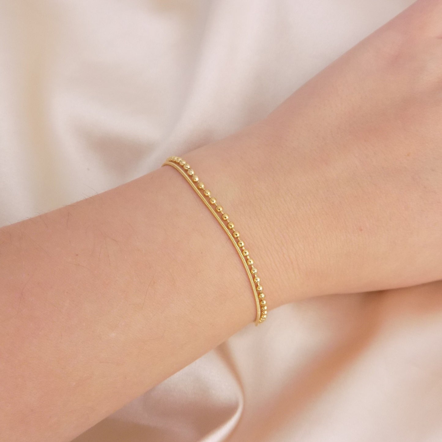 18K Gold Beaded Double Strand Bracelet Adjustable Stainless Steel, Delicate Gold Layer, Simple Everyday, M7-125