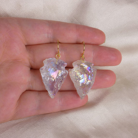 Angel Aura Quartz Arrowhead Earrings Gold, Unique Iridescent Crystal Jewelry Boho, Gift For Her, M7-134