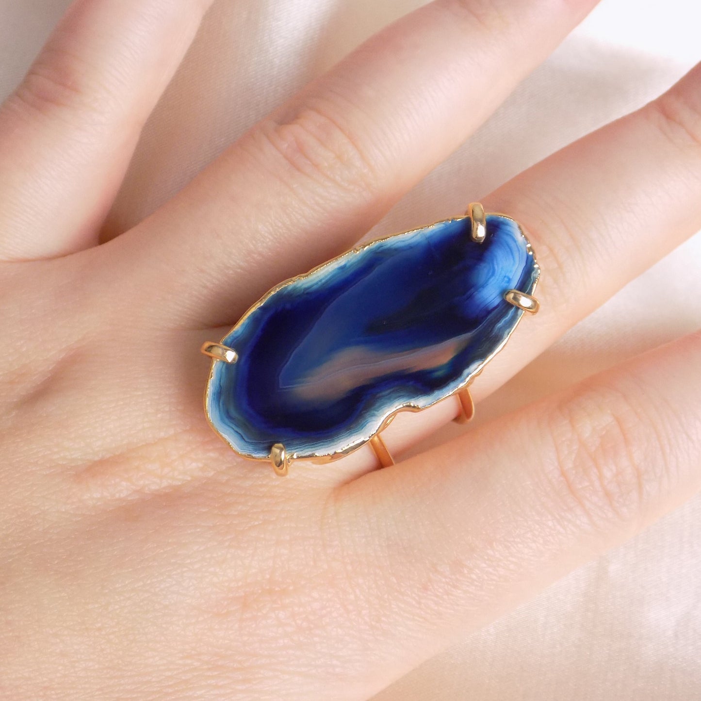 Boho Blue Agate Natural Gemstone Ring - Gold Dipped Adjustable Rings - Christmas Gift Women - G15-229