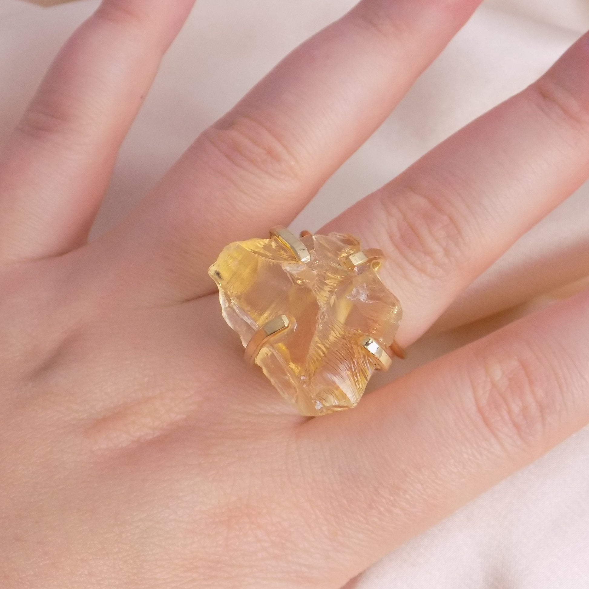 Yellow Gemstone Ring Adjustable, Raw Citrine Crystal Ring For Women, November Birthstone, G15-199