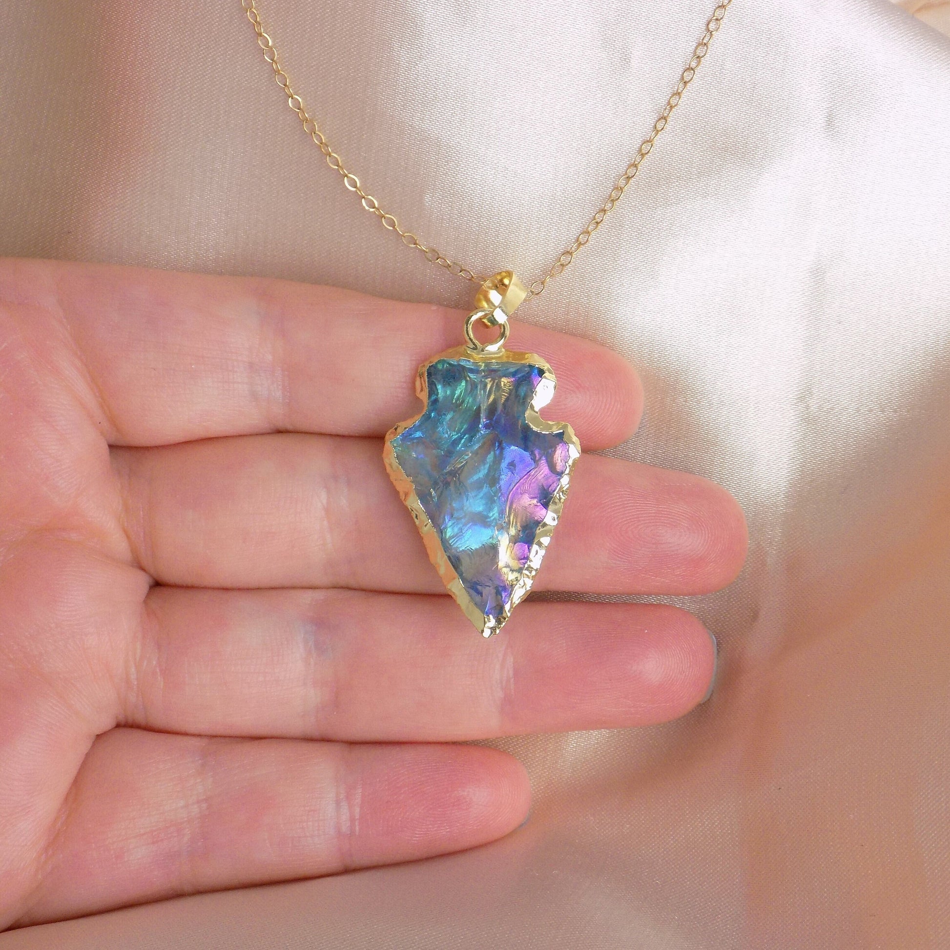 Turquoise Aura Quartz Arrowhead Necklace Gold, Unique Iridescent Crystal Jewelry Boho, Gift For Her, M7-04