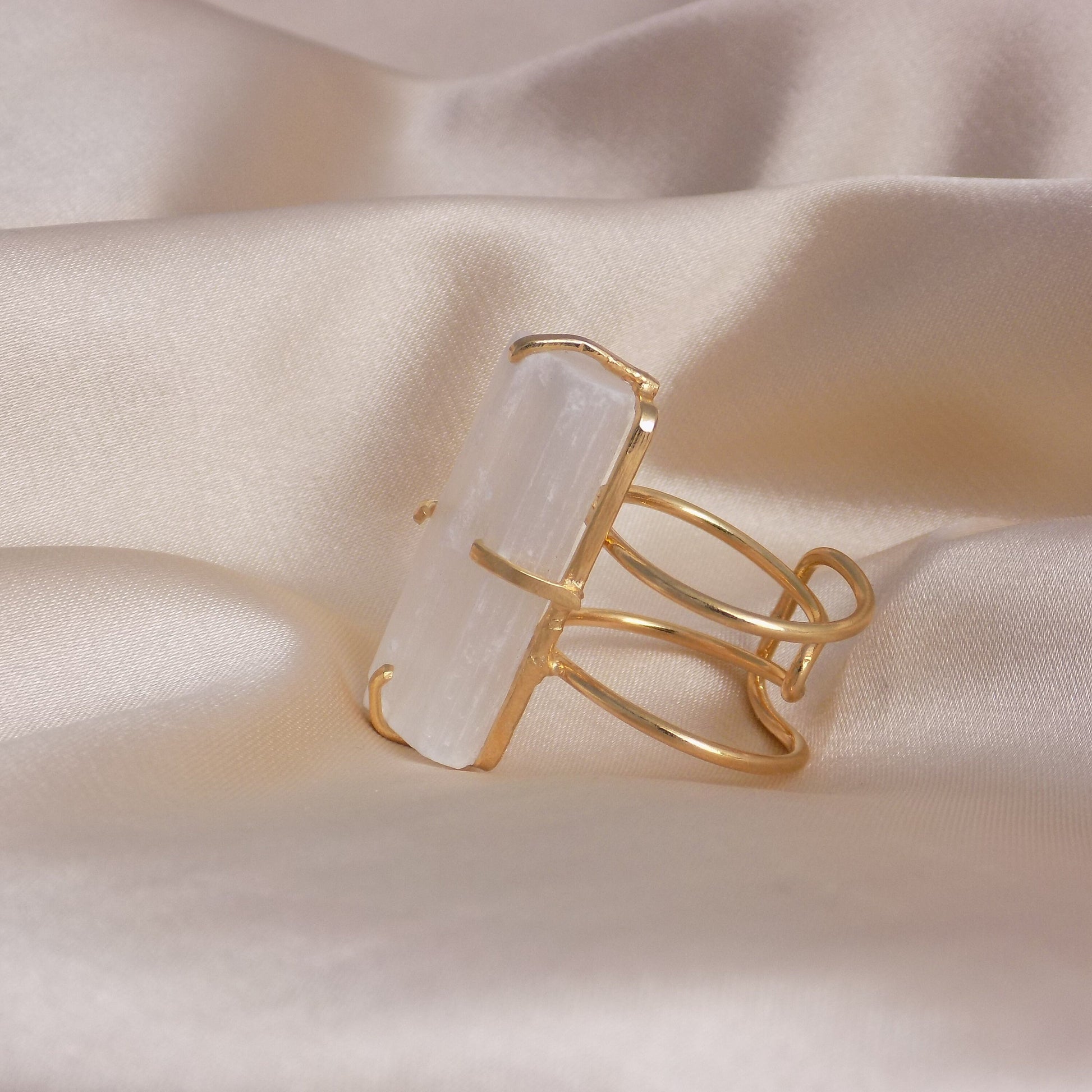 Christmas Gift - White Selenite Ring Gold Adjustable - Raw Crystal Jewelry - G15-242