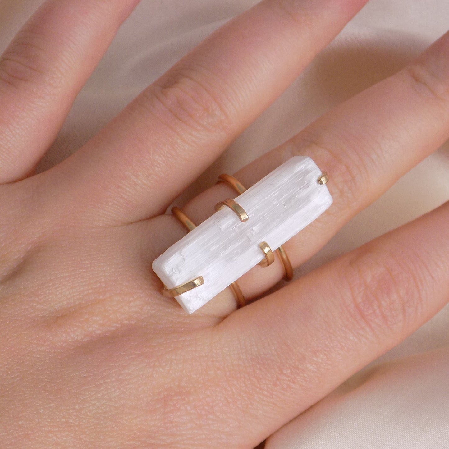 Christmas Gift - White Selenite Ring Gold Adjustable - Raw Crystal Jewelry - G15-242