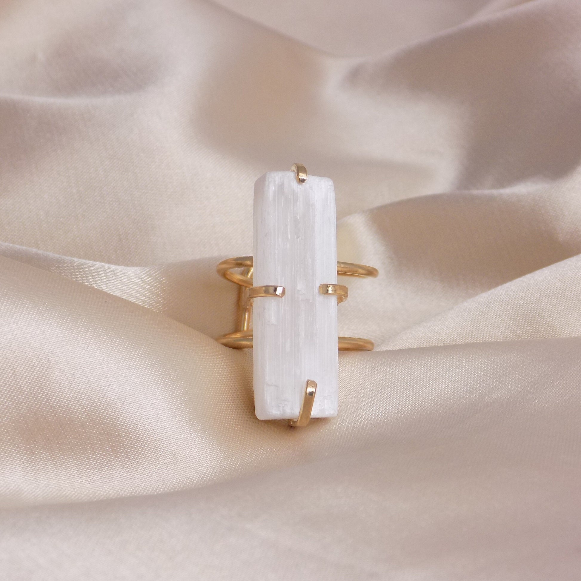 Christmas Gift - White Selenite Ring Gold Adjustable - Raw Crystal Jewelry - G15-242