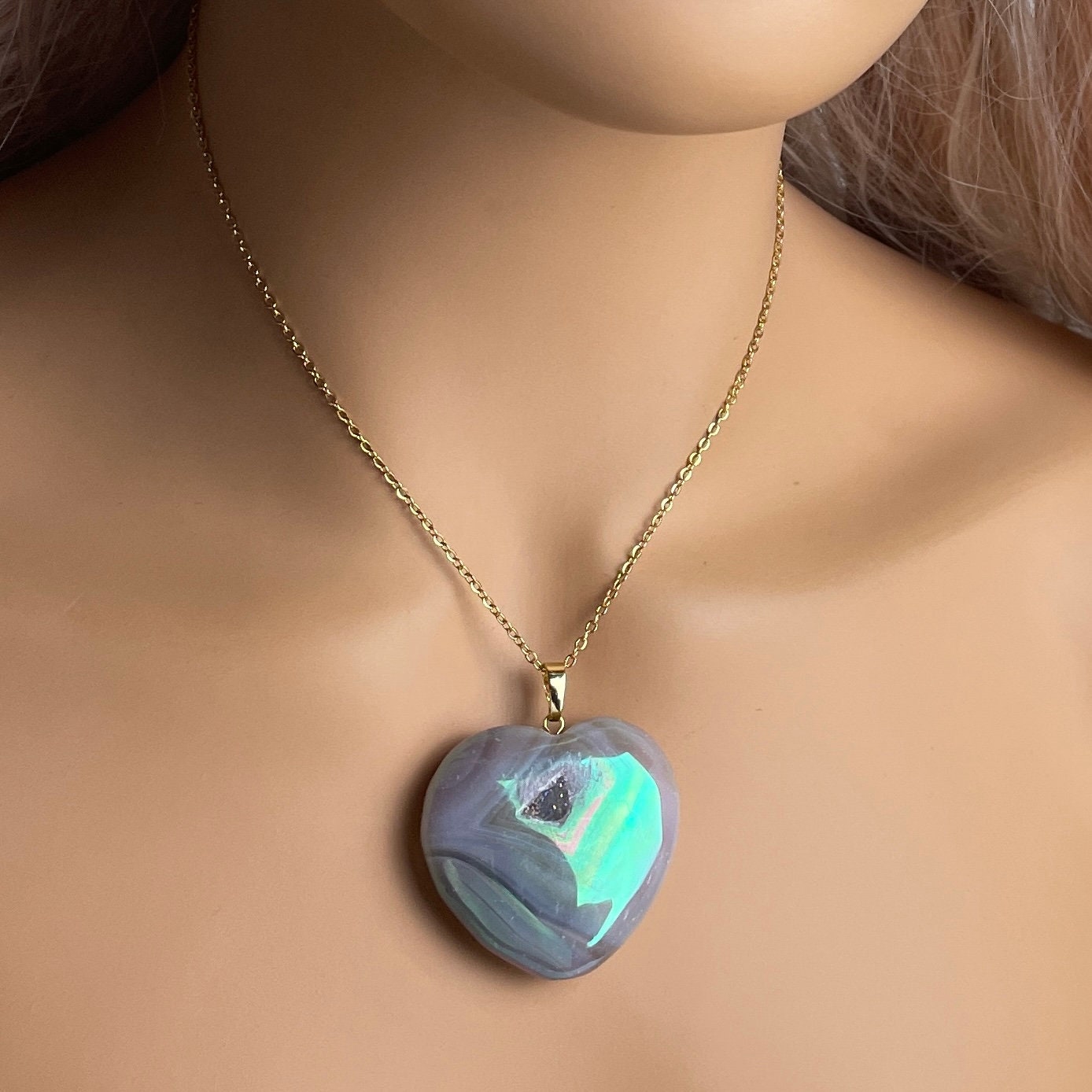 Aura Quartz Geode Necklace Gold, Unique Iridescent Heart Crystal Jewelry Boho, Gift For Her, M7-65