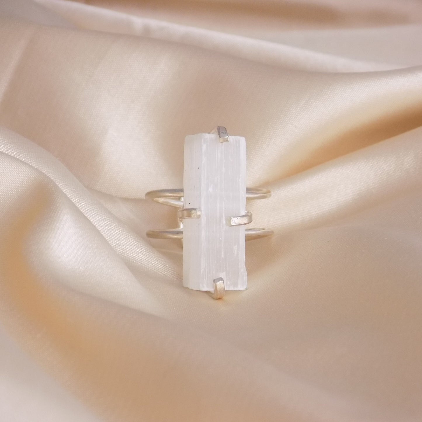 White Selenite Ring Silver Adjustable, Cleansing Healing Crystal Rings for Women, Christmas Gifts For Her, G15-177